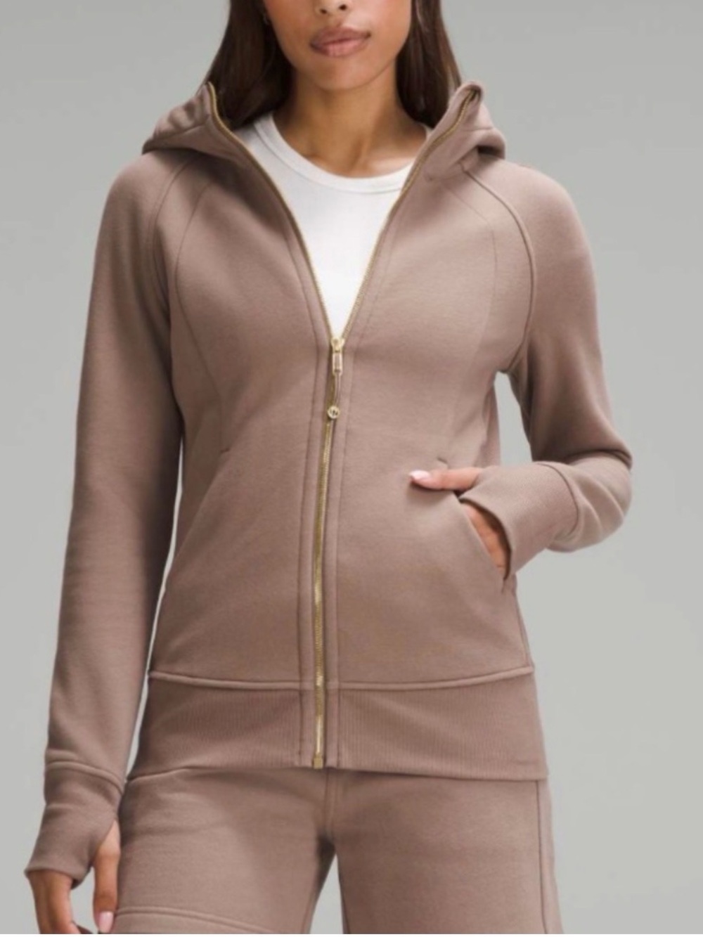 lululemon athletica Taupe Full-Zip Hooded Jacket with Gold Hardware